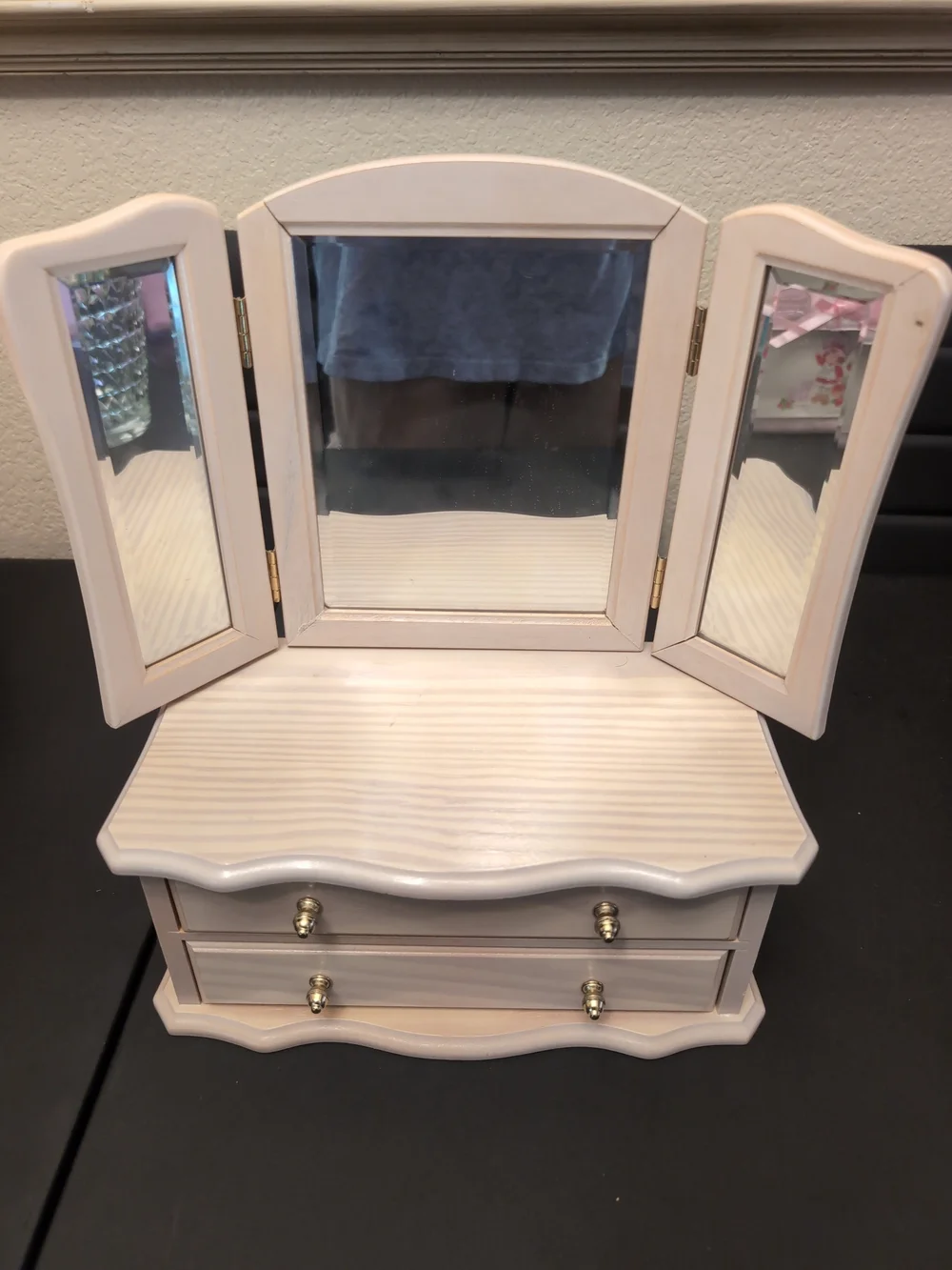 Beige Tri-Fold Mirror Jewelry Box with Drawers